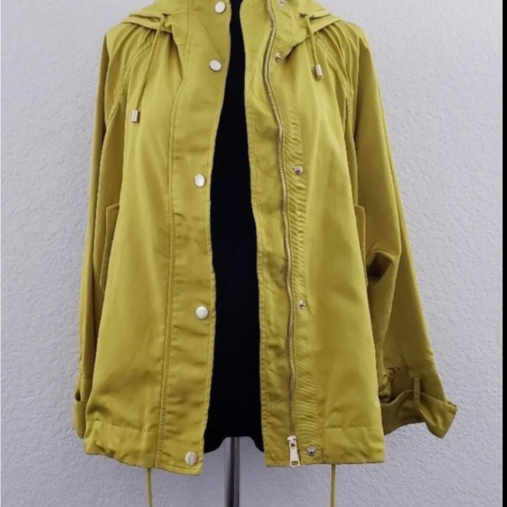 Zara Woman’s Outerwear Hooded Full Zip Button Yellow Green Windbreaker Jacket